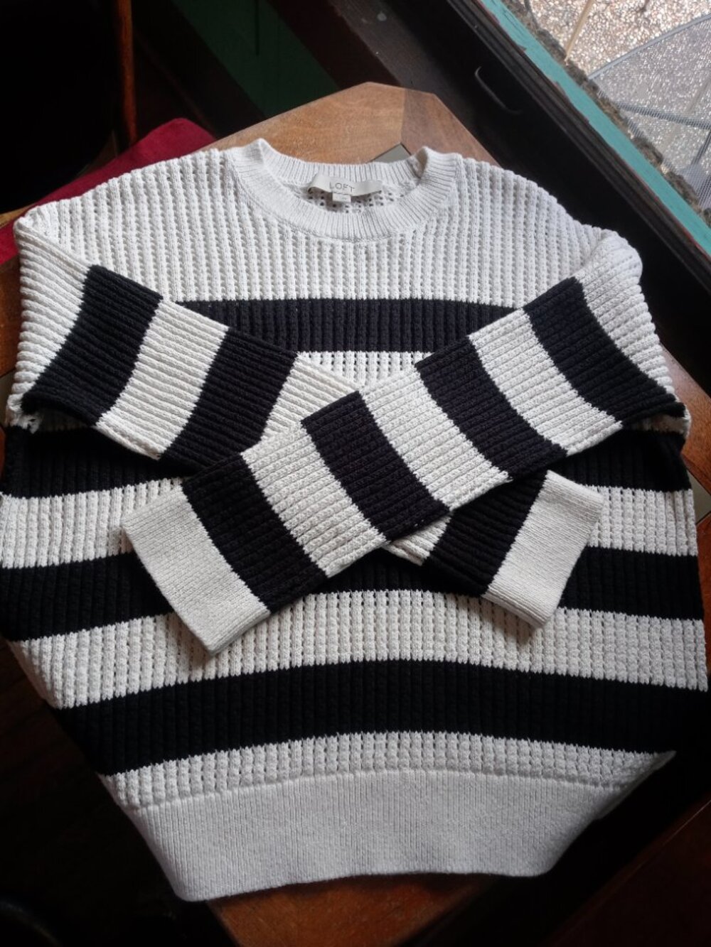 LOFT crewneck striped sweater top open weave (M)